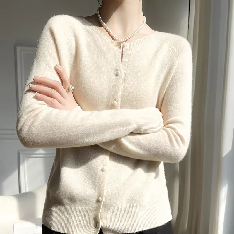 

Women Knitted Wool Cardigans Sweater Round Neck Solid Casual Warm Outerwear Knitwear Tops 2024 Autumn Winter Female Thin Coats