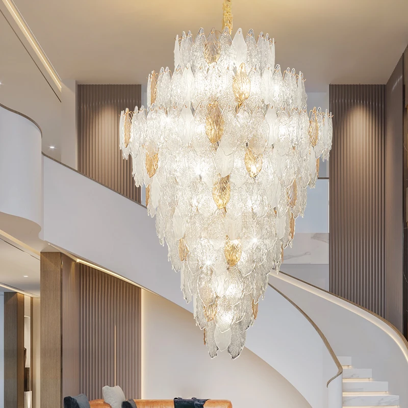

French-Style Villa Chandelier Duplex Ceiling Living Room Lamp Creative Leaf Crystal Glass Designer High-end Lighting Fixtures