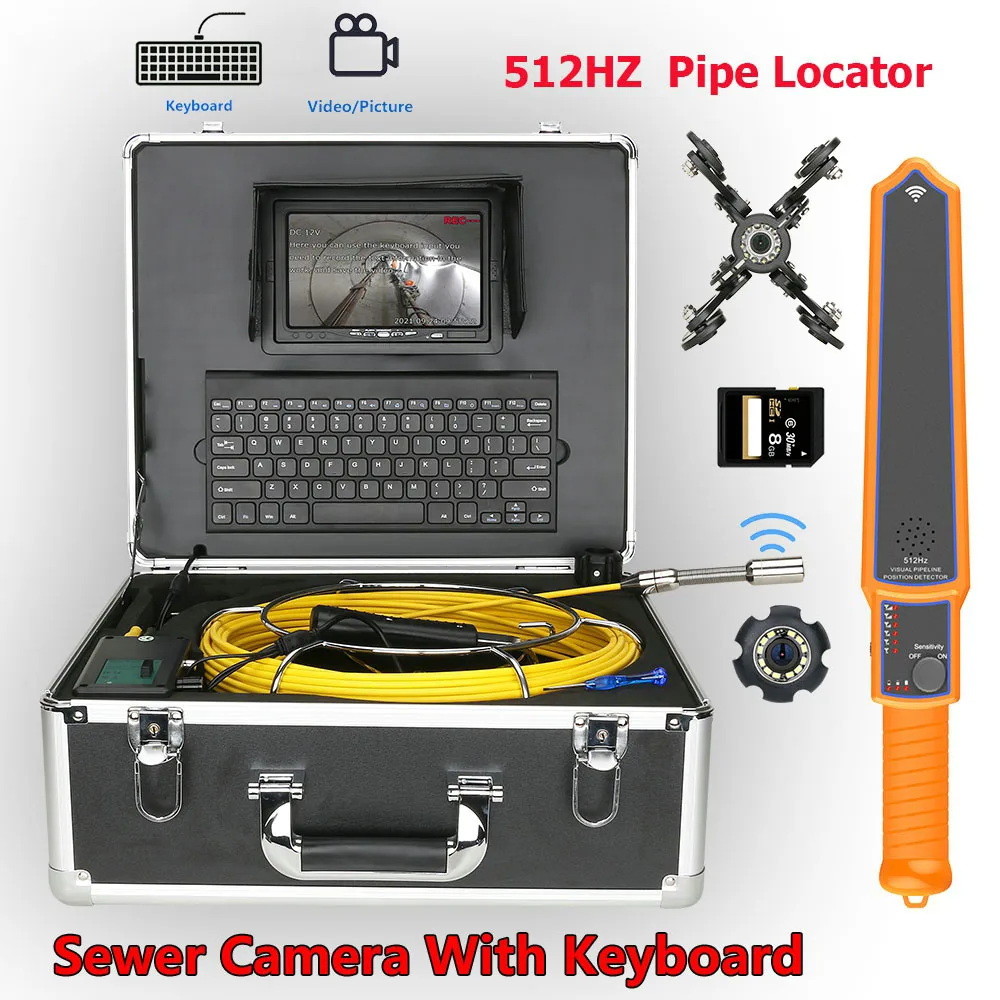 

Pipeline Industrial Endoscope 7" Monitor 22mm DVR IP68 Sewer Pipe Inspection Video Camera with keyboard 512HZ Pipe Locator