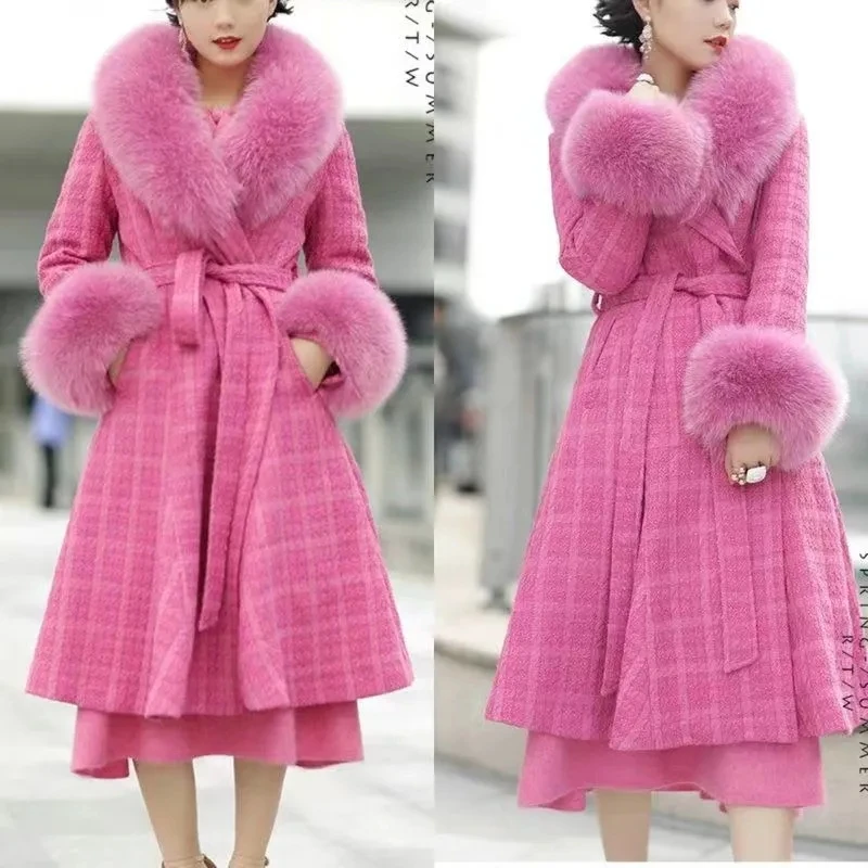 

Women winter new 2024 Tweed wool coat padded warm imitation fox fur Jacket Female long sleeve big fur collar long Luxus Overcoat