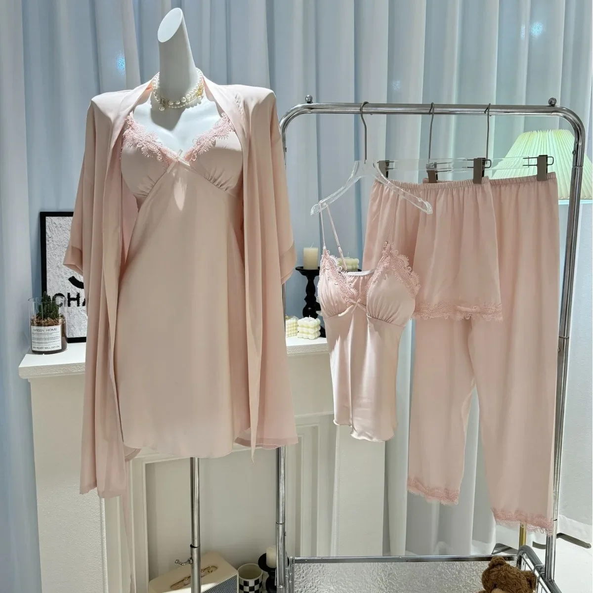 

Пижамы с кружевной отделкой, летние женские пижамные комплекты из 5 предметов, шелковое атласное кимоно, халат, повседневная ночная рубашка, сексуальный пижамный костюм, домашняя одежда