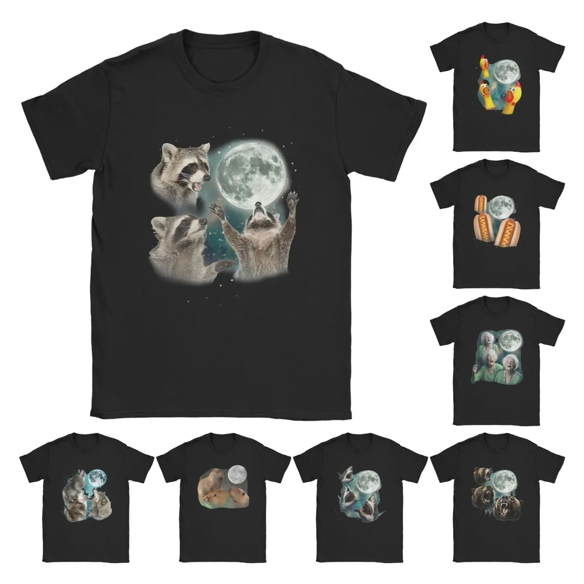 Raccoon 3 Racoons Howling At Moon T-Shirts Men Funny Weird Cursed Novelty 100% Cotton Tee Shirt Crewneck Short Sleeve T Shirts