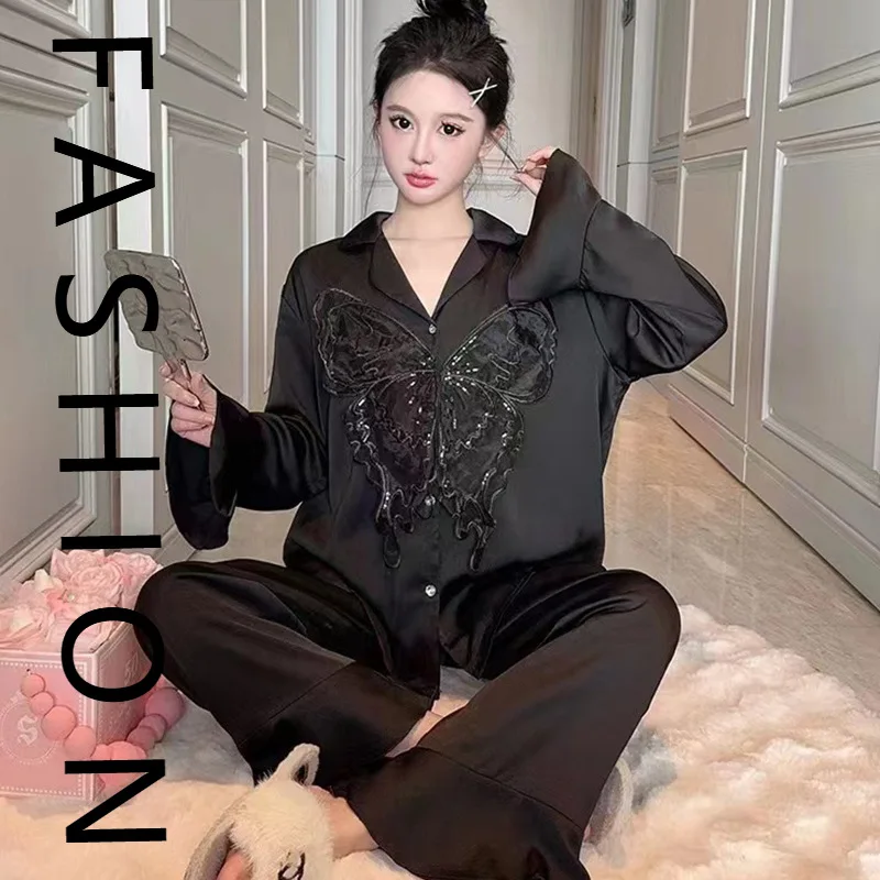 

Ice silk pajamas women's spring and autumn 2024 new butterfly long-sleeved temperament can be worn outside two-piece set of high