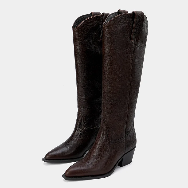 

New Women Knee High Boots Western Cowboy Retro Style Pointed Toe Brand Design Leather Ladies Knight Shoes