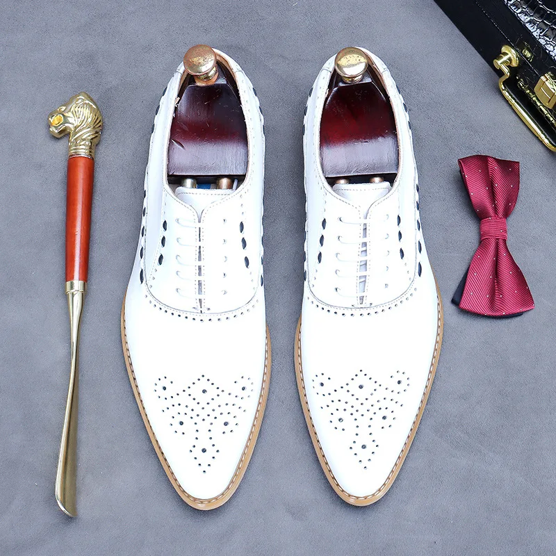 New Style Stitching White Genuine Leather Oxford Shoes British First Layer Cowhide Formal Shoes Men's Casual Shoes Wedding Shoes