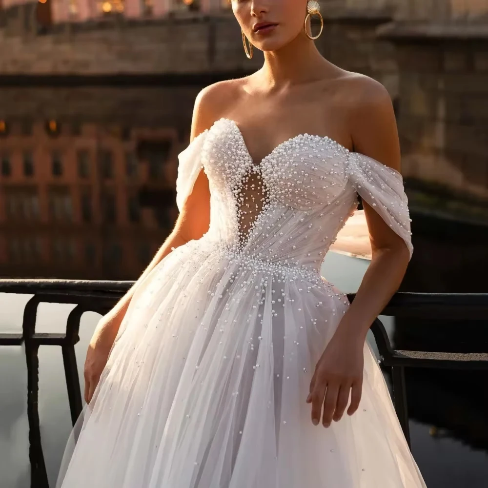 Customized Elegant Tulle  Wedding Dresses For Woman Bride  A Line Sweetheart Pearls Bride Robe Off Shoulder Vestido Bridal Gown