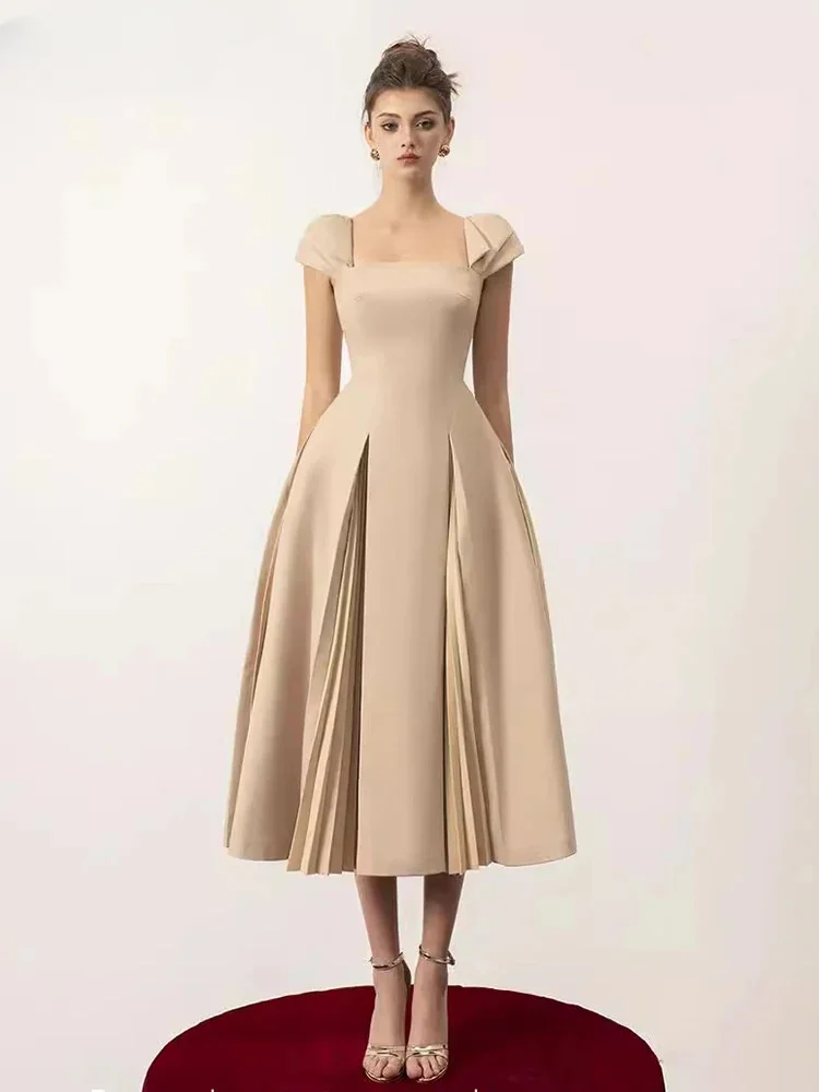 

Sexy Women's Fashion Backless Pleated Square Collar Splice Short Sleeve Evening Dress, Elegant Summer 2024 New