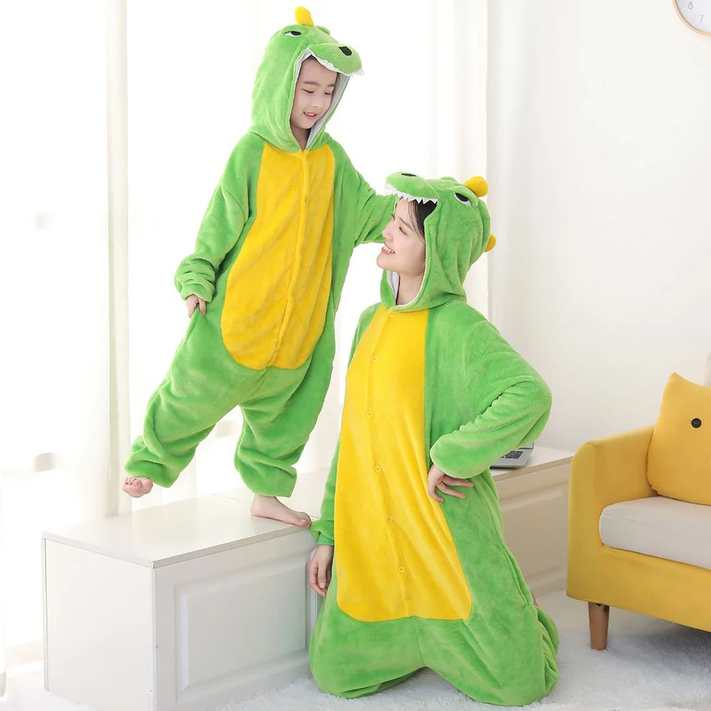 Dinosaur Onesies Kigurumi pigiama Set per donna e uomo bambini One Piece Hooded flanella tute calde Costume Cosplay di Halloween