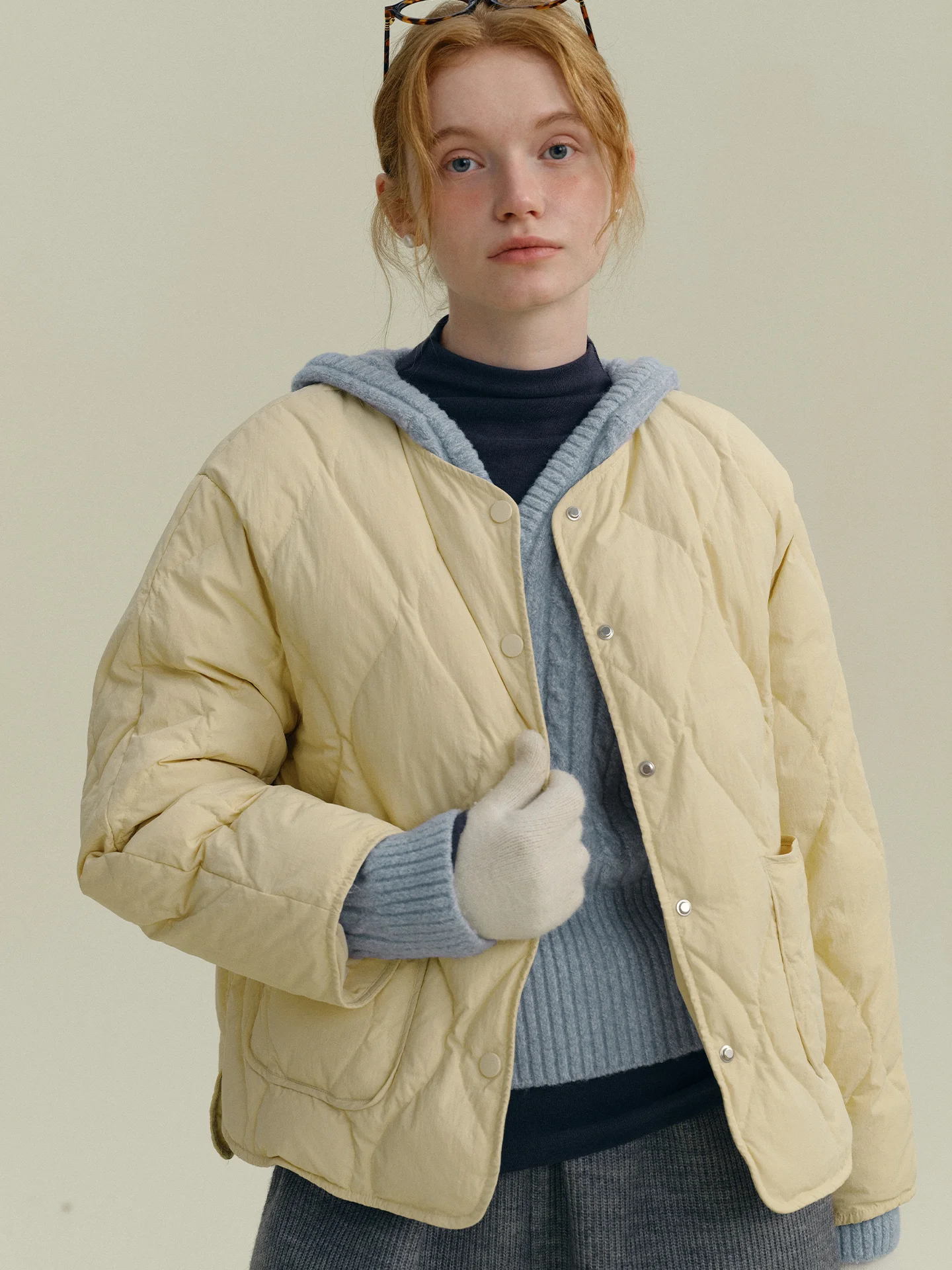 

Rina Berry Casual Loose Du down Jaet Double ket Diamond Pattern Yellow Vest Warmth Filled Coat for Women Autumn Season