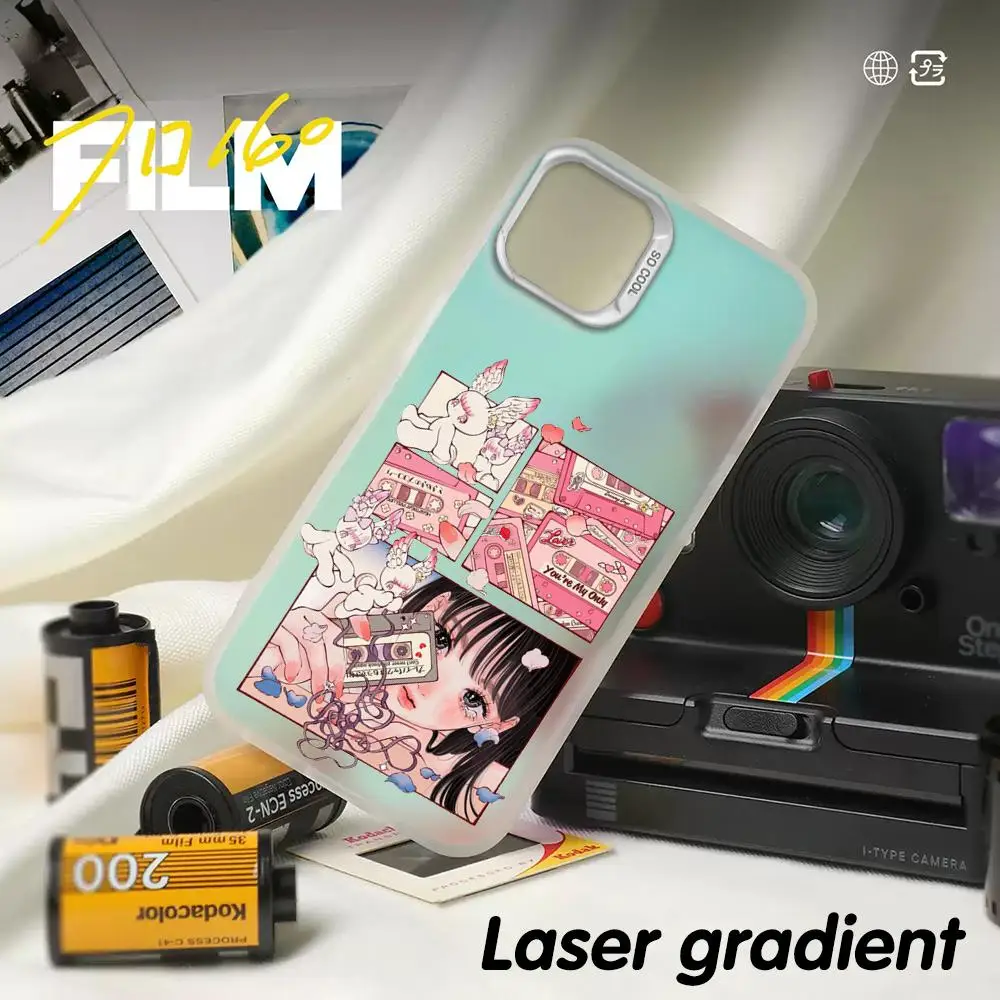 Японский вишнево-розовый узор для девочек, чехол для телефона с градиентом IMD, красочный серебристый, подходит для iPhone 17, 16, 15, 14, 13, 12 Pro Max