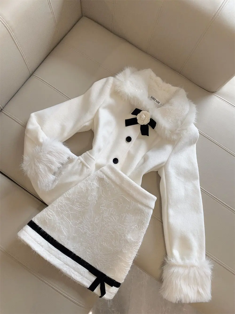 

vintage two piece set Women White Faux Fur Collar Coat Black Bow Flower Detail Chic Stylish Set with Embroidered Skirt Spring
