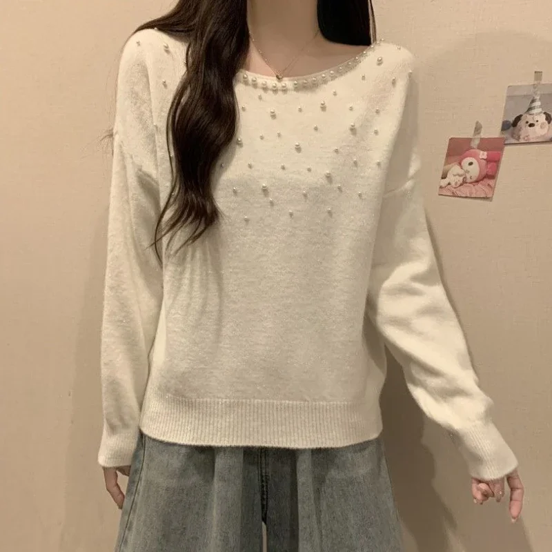 

Round O Neck Pearl Women's Knit Sweater Autumn Hot Sale Clothes Winter Harajuku New Knitwear Warm Fashion 2025 Ladies Pullovers