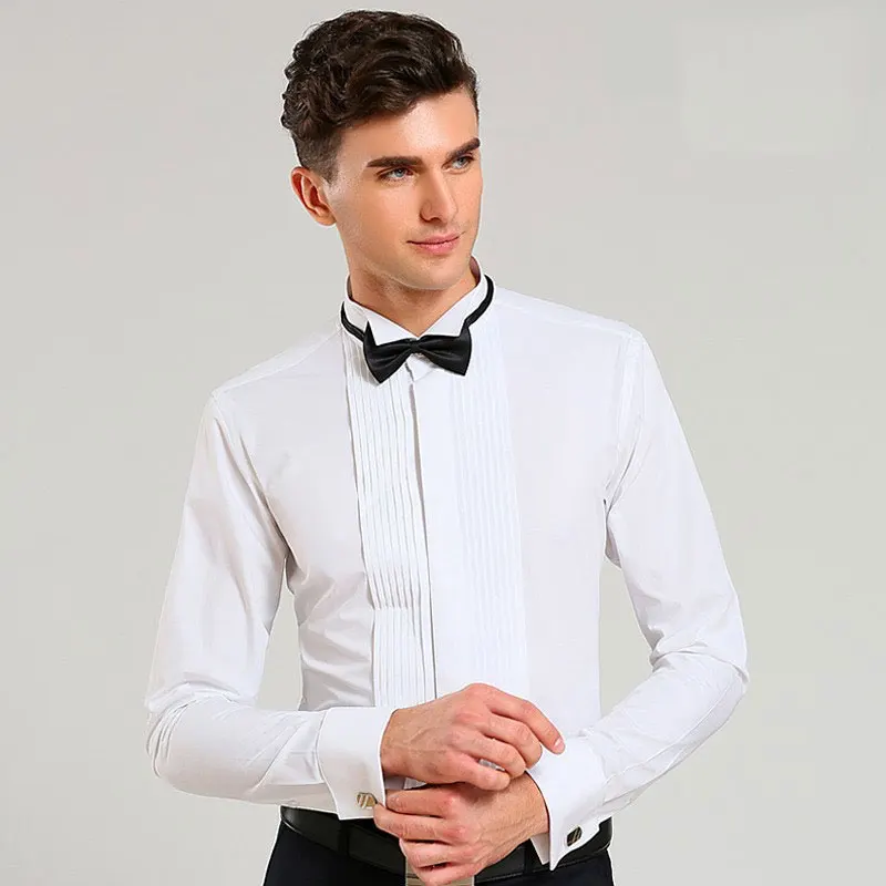 New dovetail stand collar wedding dress men\'s long sleeve shirt French buckle event performance solid color shirt send bow tie