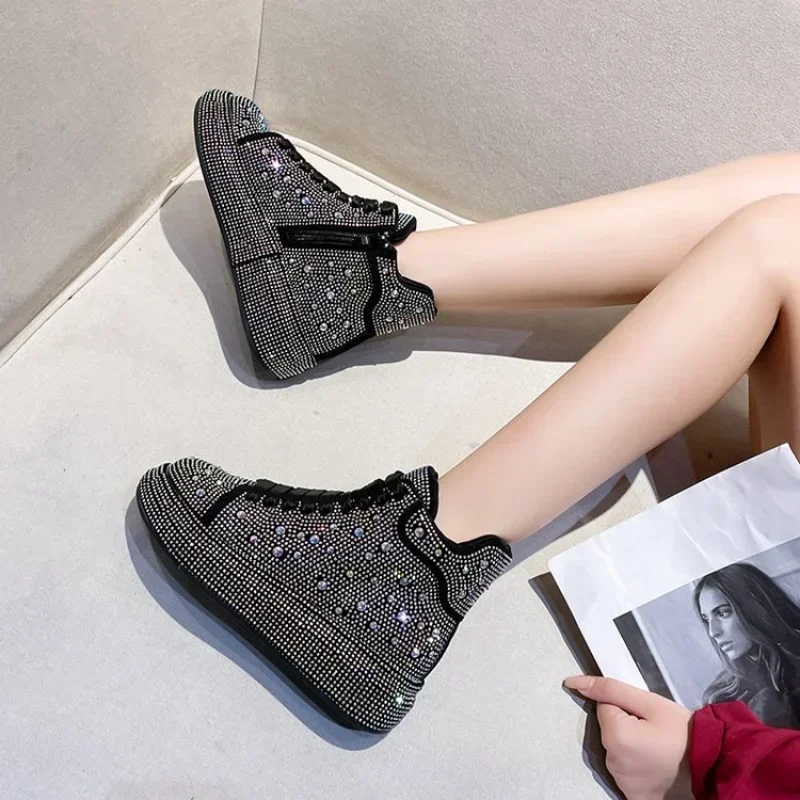 Zapatillas de deporte de moda para mujer, zapatos informales con plataforma y cordones de diamantes de imitación, brillantes, primavera y otoño, 2022