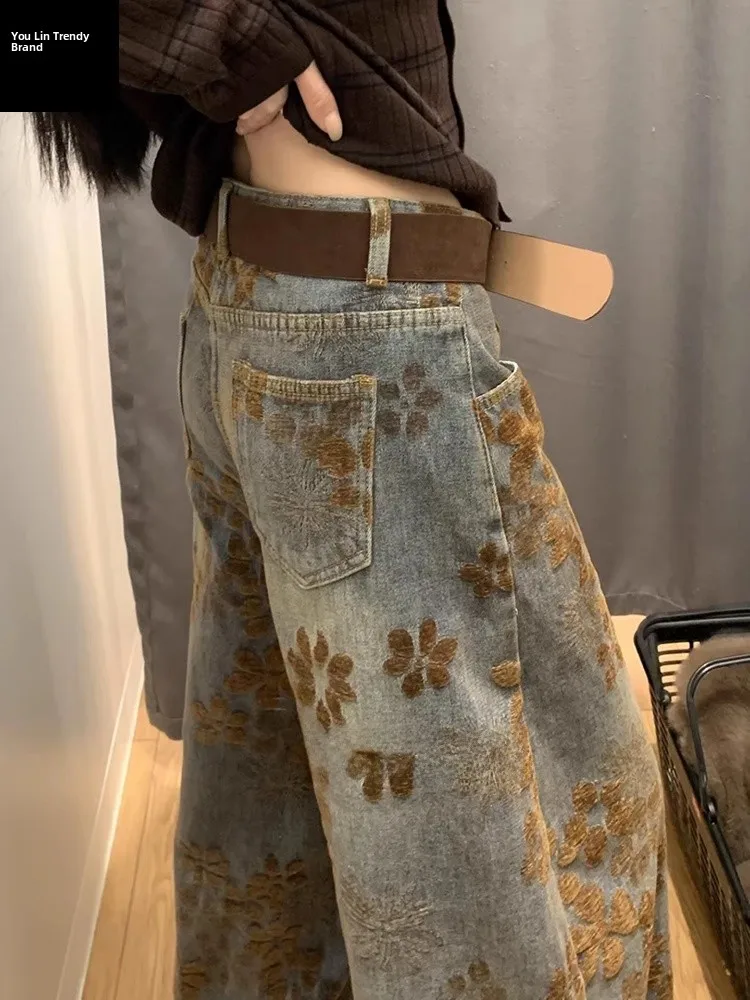 

Ретро-джинсы из денима с вязаными вставками в американском стиле, женские, зимние, маленький размер, крутые, уличные, широкие брюки, с цветочной вышивкой