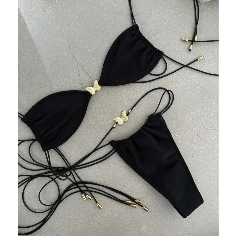 Seksowne Bikini 2024 Strój Kąpielowy Damski Motylkowy Brazylijski Zestaw Bikini Biquini Damskie Kostiumy Kąpielowe Bandeau Czarna Odzież Plażowa