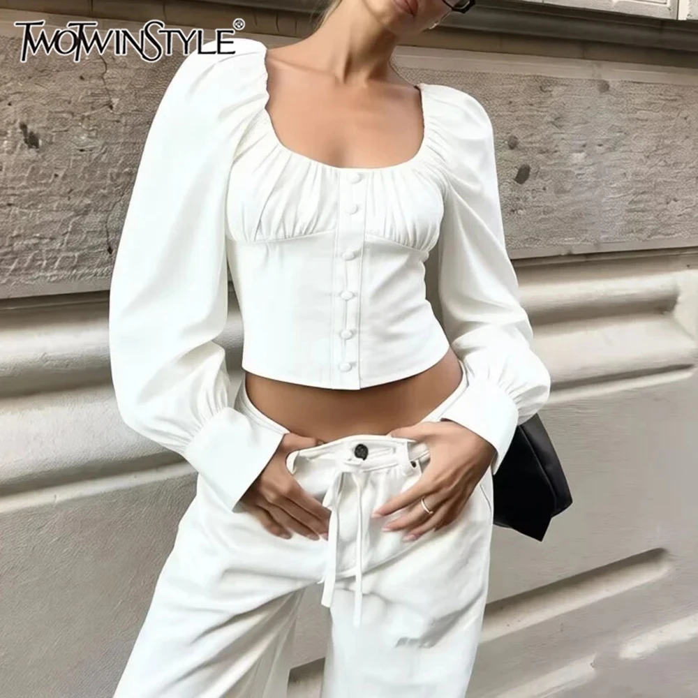 

TWOTWINSTYLE White Color Shirts for Women Square Collar Long Sleeve Spliced Single Breasted Tunic Slimming Short Shirt Female