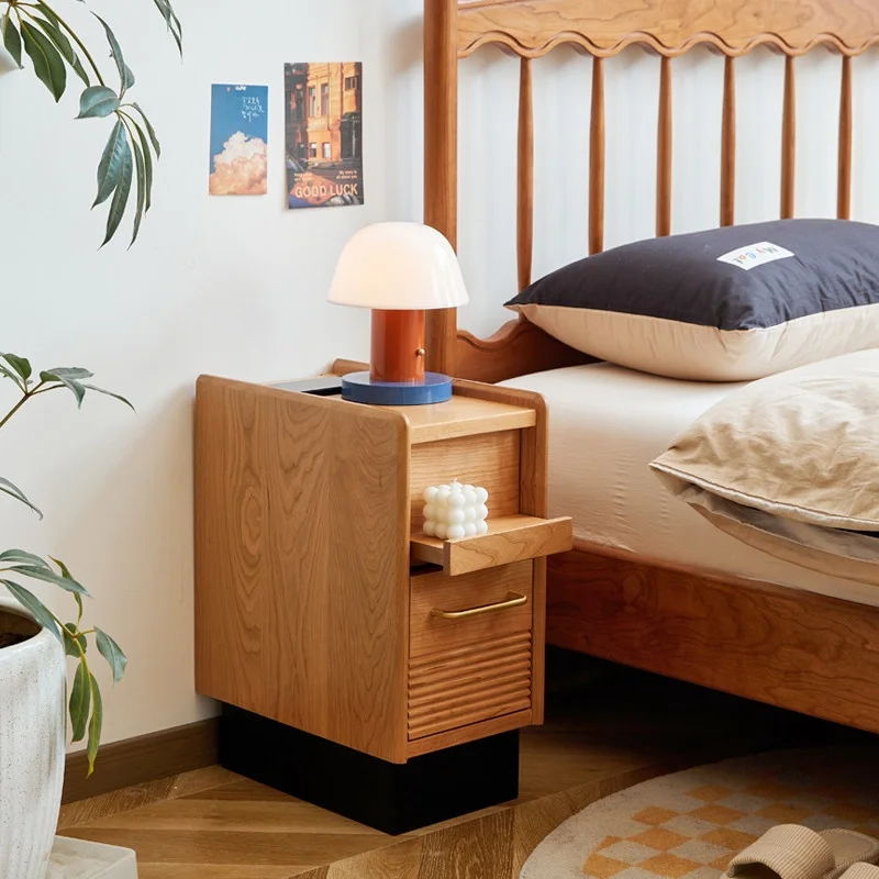 

#Luxury Modern Small Solid Cherry Wood Bedside Cabinet With Wireless Charging And Storage