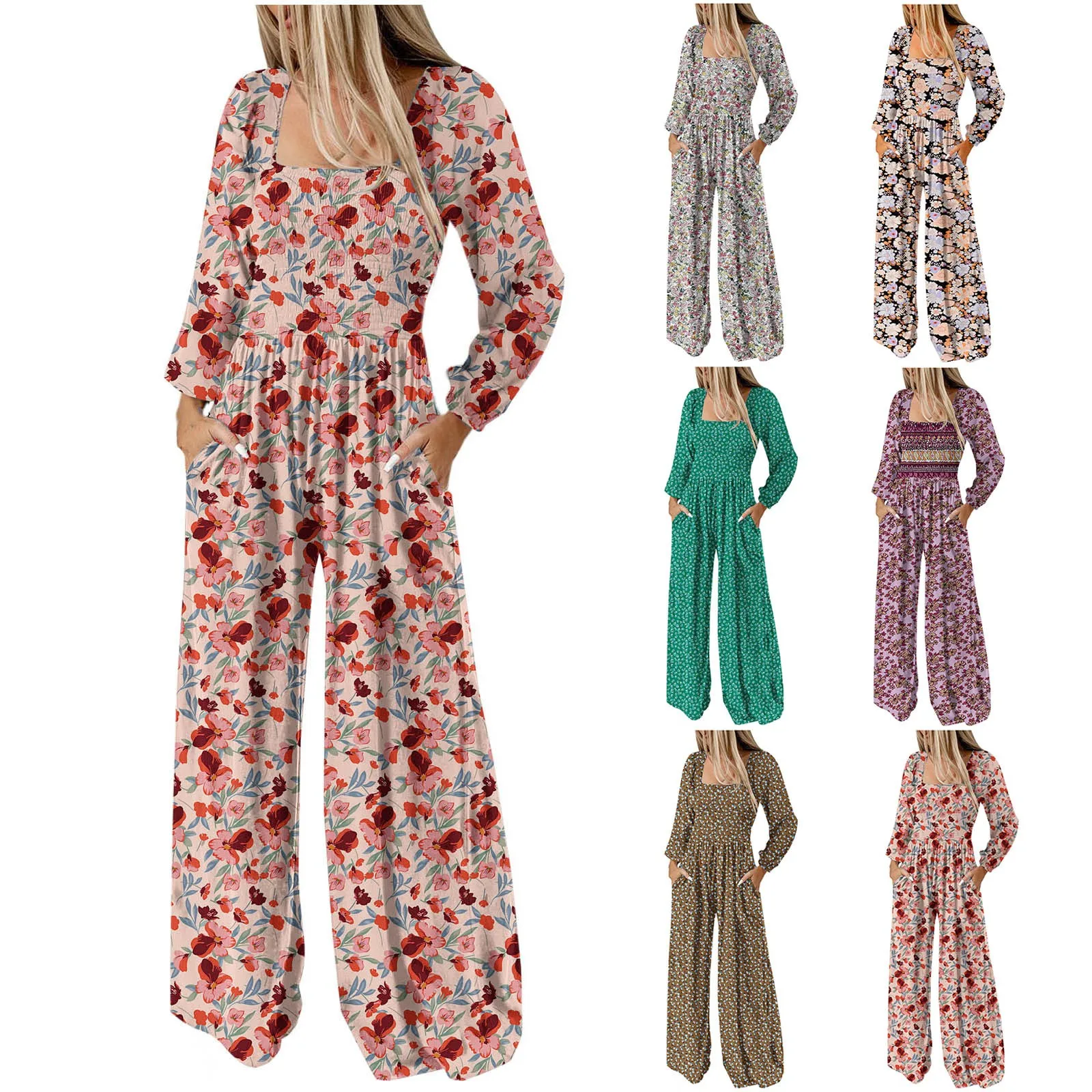 Ladies' Printed Jumpsuits Elastic Waist Long Sleeved Hanging Wide Leg Jumpsuit With Pockets Classic Square Neck Comfy Jumpsuits