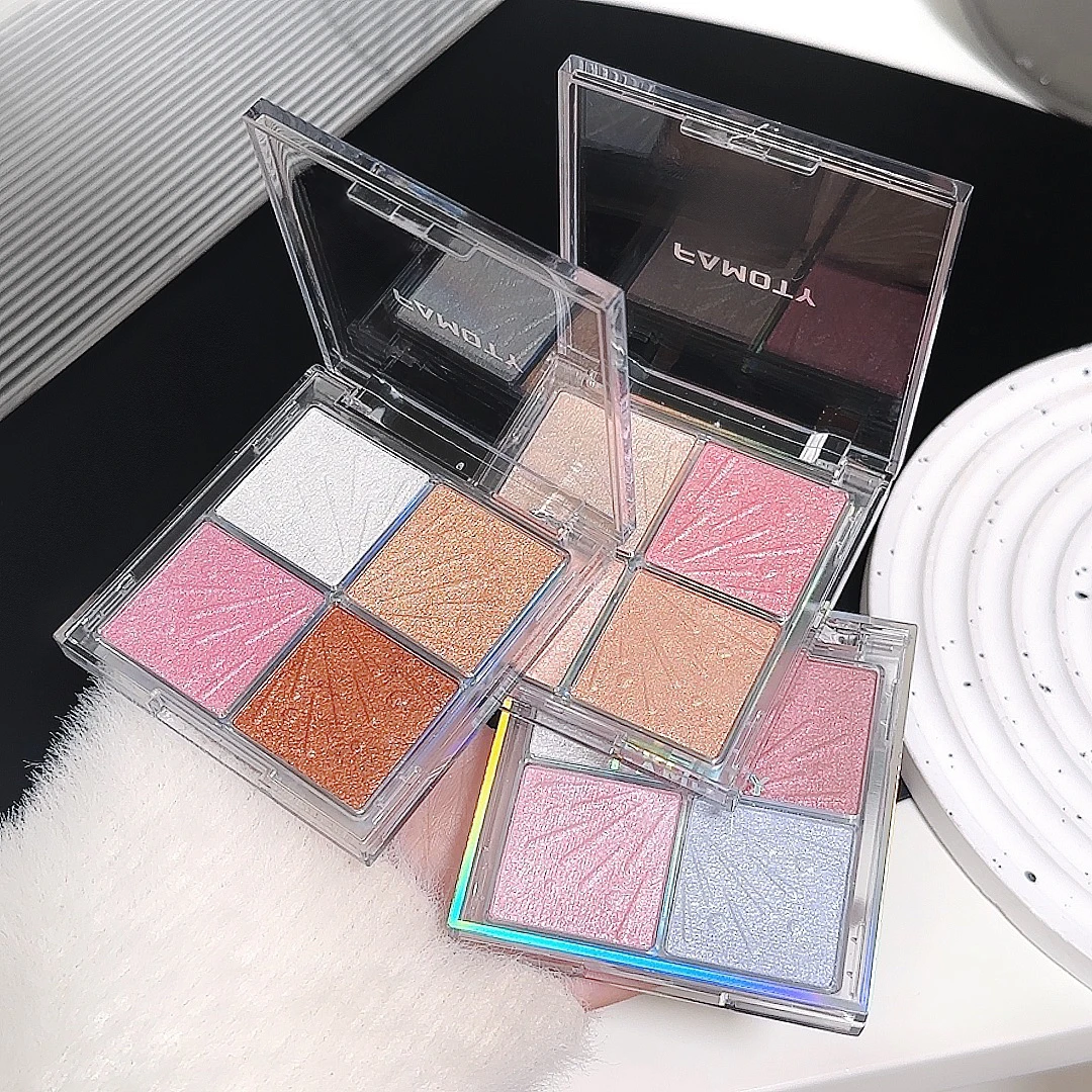 Tavolozza di evidenziatori per il viso a 4 colori Tavolozza di illuminazione Bagliore naturale Impermeabile Glitter Shimmer Trucco evidenziatore in polvere cotto