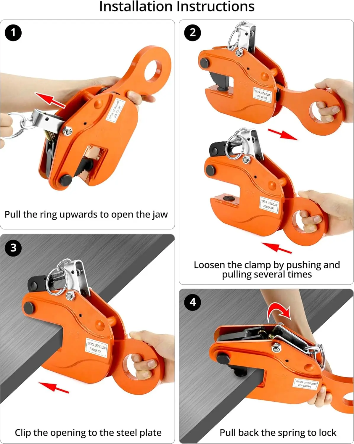 2-Ton Heavy Duty Vertical Plate Lifting Clamp, 4400 lbs Capacity for Welding and Building