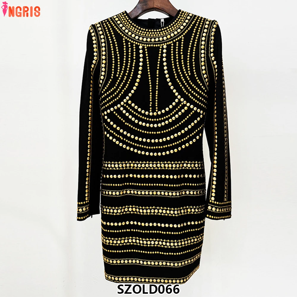 

2025 Fashion Elegant Heavy Gold Nail Beaded Long Sleeve Party Dress Women-SZOLD066
