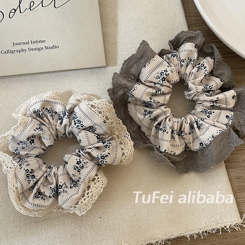 2024 Fashion Print Ruffled Lace Large Scrunchie Hair Accessories Women Creative Design Korean Cloth Ponytail Hair Ties Headdress