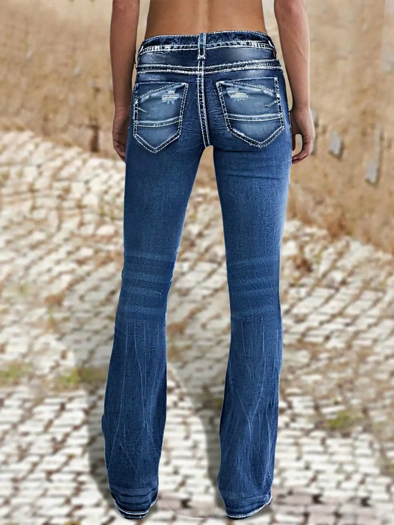 سروال دينم عالي الخصر - جينز سفلي عتيق من السبعينيات مع فتحات متعثرة وزر مزدوج وإغلاق بسحاب