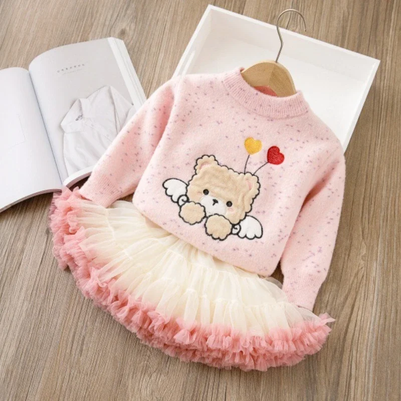 Girls' Sweater Set Autumn and Winter New Bear Embroidered Long Sleeve Sweater + Princess Pommel Skirt Sweet Two-piece Set