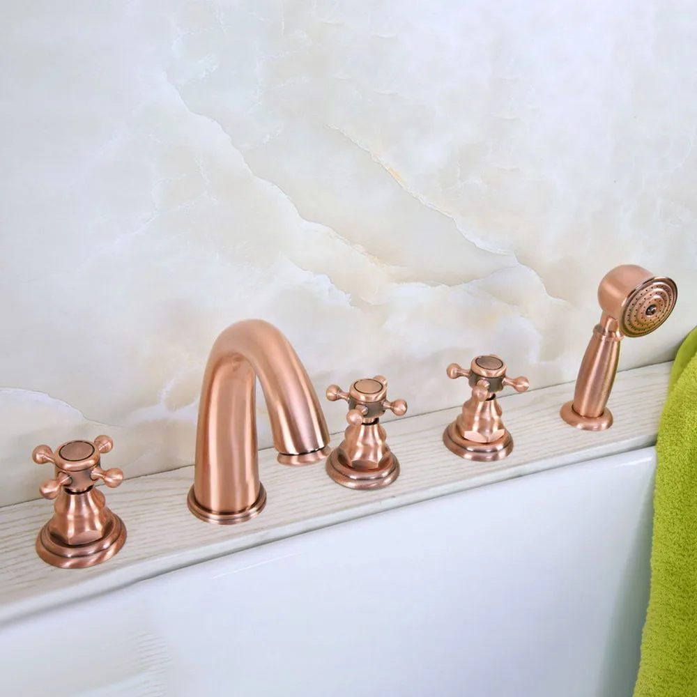 

Antique Red Copper Five Hole Deck Mounted Bathroom Tub Faucet Set with 150CM Handheld Spray Shower Mixer Tap 2tf239