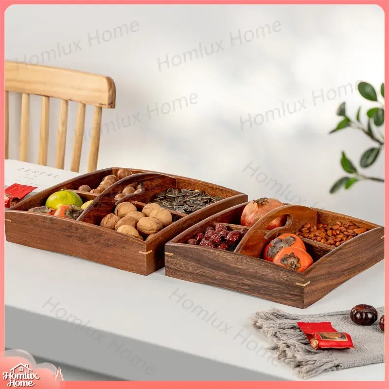 South American Walnut Wood Fruit Plate Grid Design Dried Fruit Snack Serving Tray Solid Wood Melon Seeds Dish for Living Room