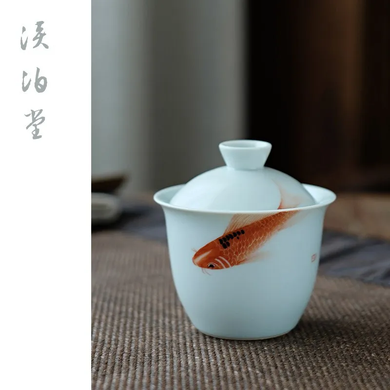 Jingdezhen Antique Tire Pure Hand Drawing Koi Tureen Porcelain Set Bowl 120ml