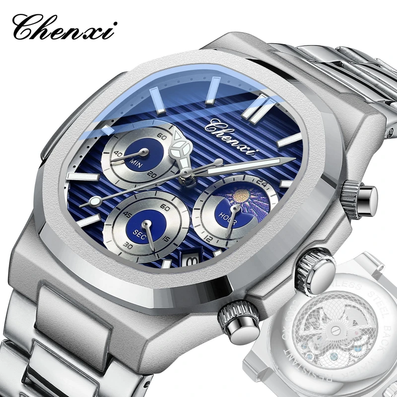 

Transparent, multifunctional, true three eye calendar timing, night light, waterproof steel strip, trendy quartz watch