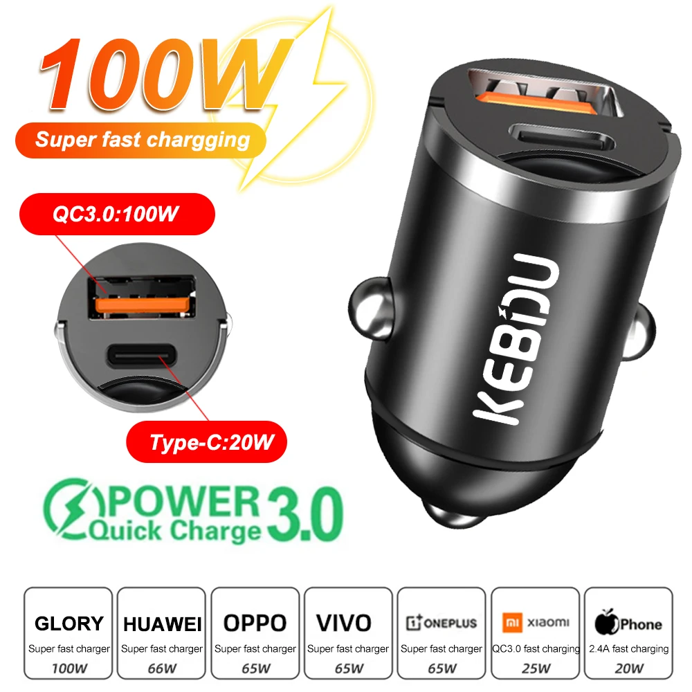 2V-24V Metal Car Charger Type-C QC 3.0 4.0 For Phone PD 3.0 100W Fast Charging USB Phone Mini Charger Car Accessori