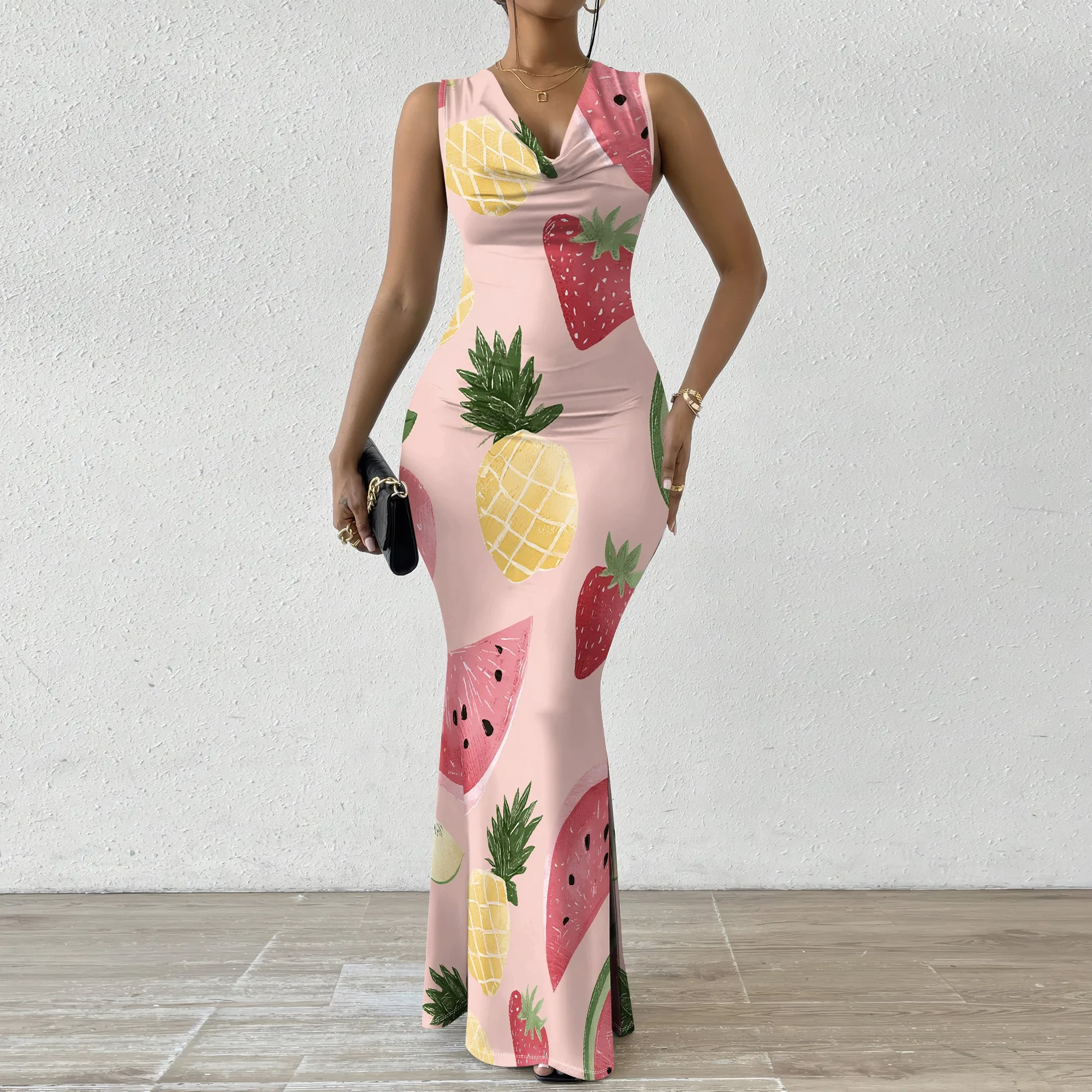 

Fruit Print Maxi Dress XS-2XL Sleeveless Pink Bodycon Style with Strawberry & Pineapple for Summer Brunch or Beach Vacation