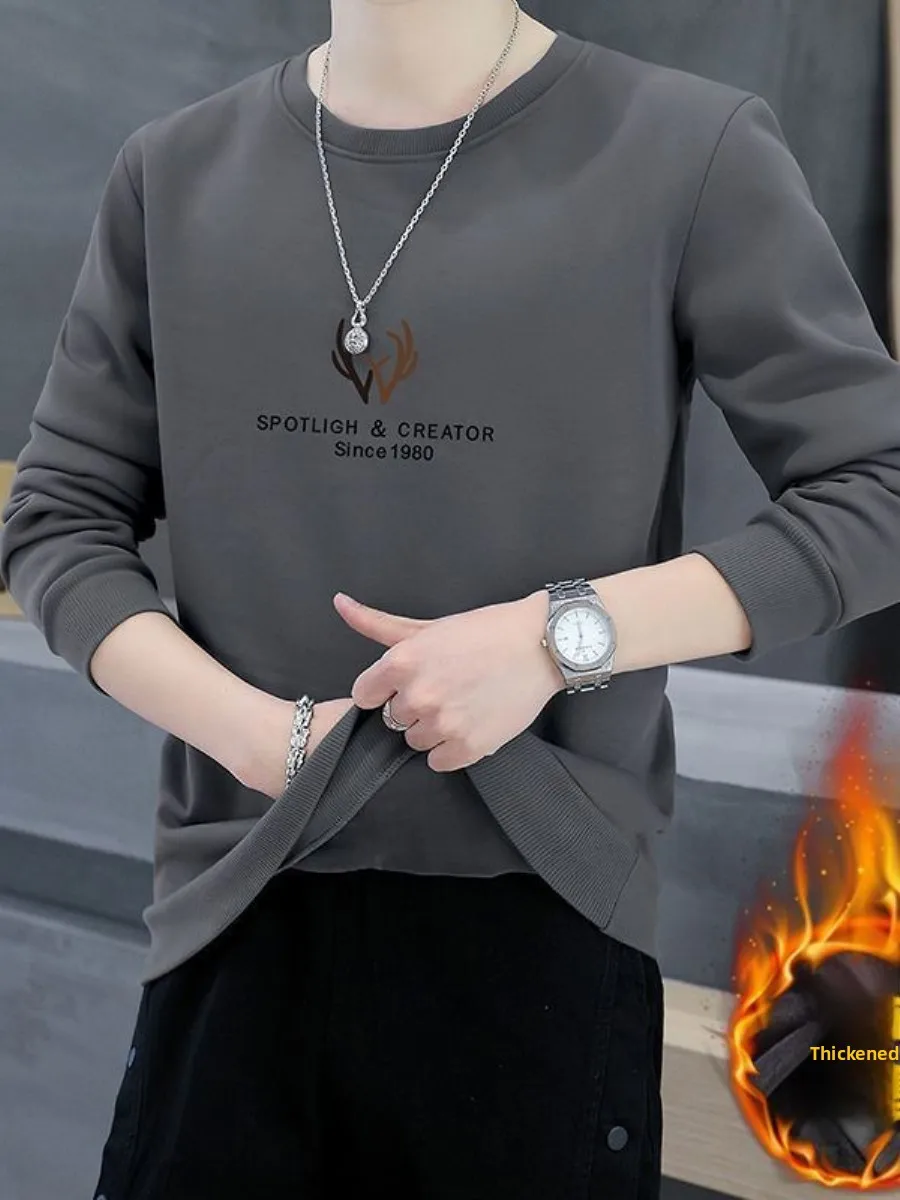 

Утепленная флисовая толстовка с длинным рукавом и круглым вырезом для мужчин, с принтом, повседневная, зимняя, базовая, стандартного кроя, с принтом