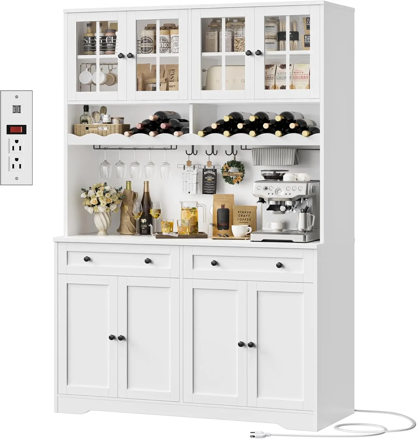 

Tall White Kitchen Pantry Cabinet with Charging Station Microwave Stand Wine Racks Glass Doors Drawers