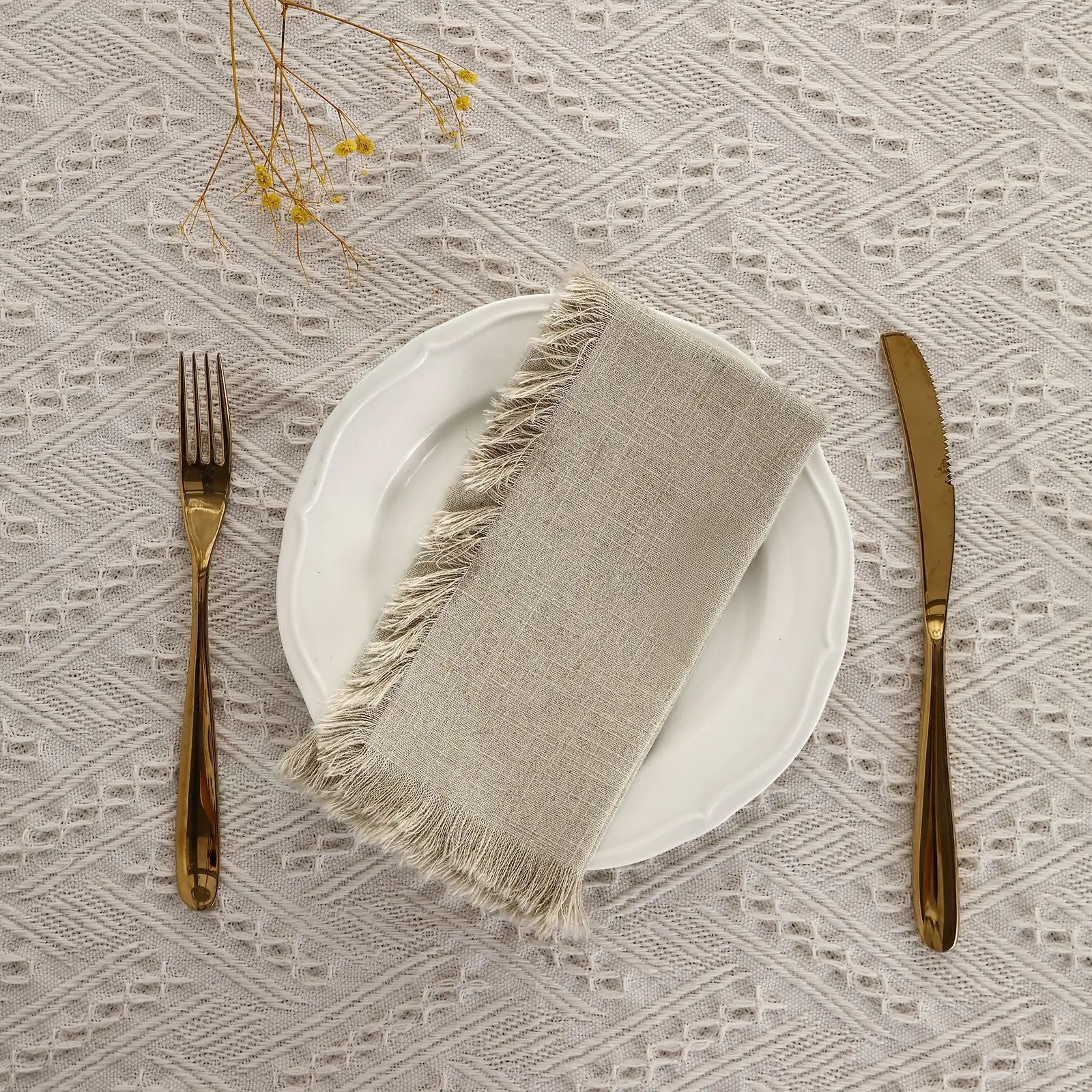 8PCS Cloth Napkin Cotton Linen Napkin American Country Plain Cloth Wedding Party Burr Edge Tassels Table Tableware Cutlery Decor