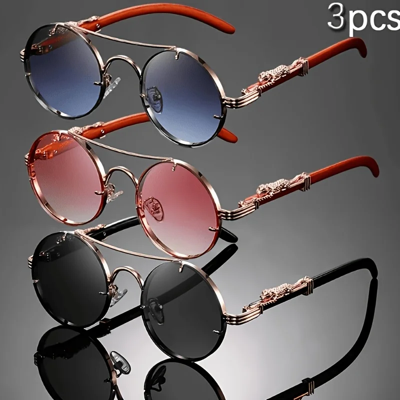 3PCS Men's and Women's Metal Frame Wooden Leg Round Frame Glasses Combination Set Casual and Versatile Suitable for Daily Wear