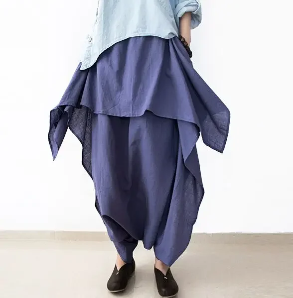 2017 جديد إمرأة بنطال ذو قصة أرجل واسعة فضفاضة القطن الكتان غير المتماثلة السراويل النمط الأصلي حجم كبير Capris مطاط الخصر فضفاض بنطلون