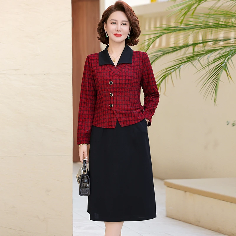 ใหม่ High End ตารางผ้าฤดูใบไม้ผลิชุดคอยาวแขนยาวชุดผู้หญิงใหม่ฤดูใบไม้ร่วงแม่อารมณ์ปลอม 2 ชิ้นชุด