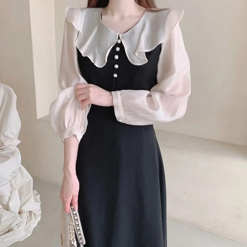 Ele Autumn Long Dr with Pearl Buttons Color Blo Micro Transparent Bubble Sve High Waist A-Line Skirt Korean Sle