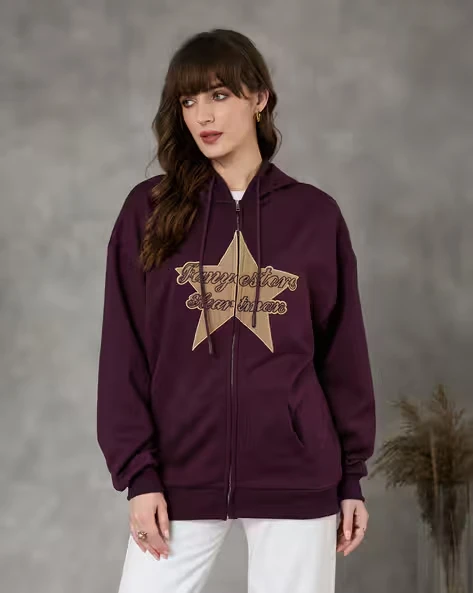 Women Oversized Zip Up Hoodie Vintage Star Letter Graphic Front Print Hooded Sweatshirt Casual Street Jacket