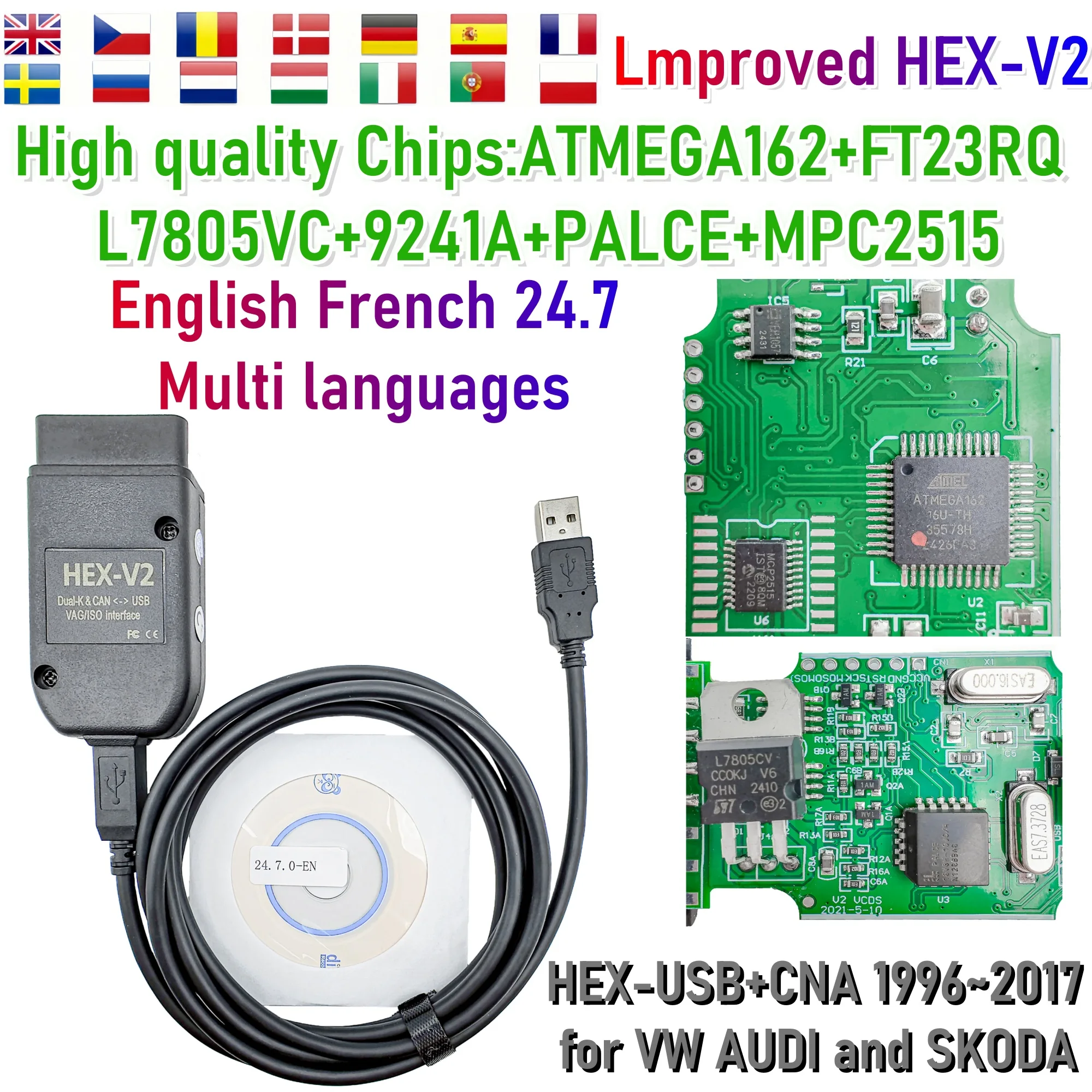 

Высококачественный интерфейс VCDS VAGCOM 2025 VCDSCAN, улучшенный диагностический сканер HEX V2 24,7 для Audi SKODA VW VAG COM HEX-V2