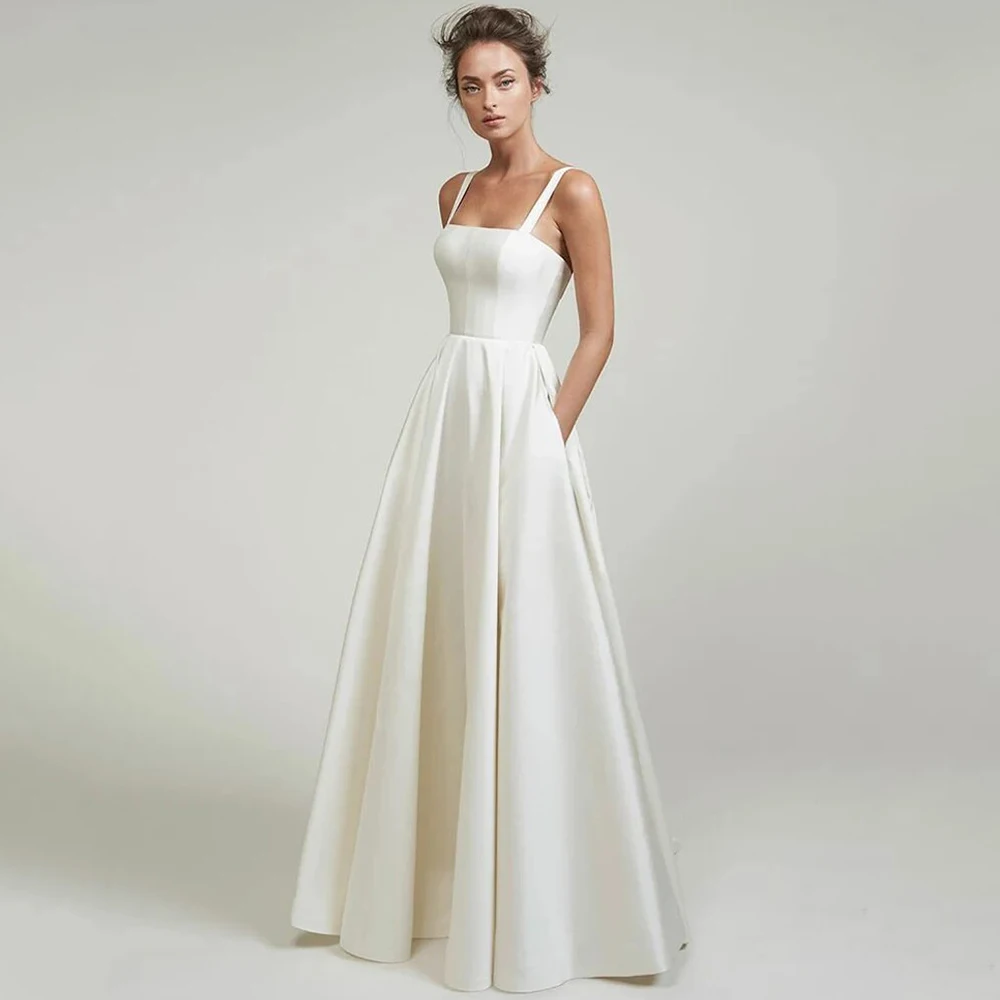 

Simple Square Collar Sleeveless Wedding Dress A-Line Floor Length Satin with Pocket Classic Open Back Bridal Civil Gowns