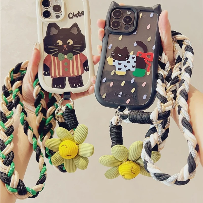 لطيف مبتسم الهاتف المحمول شنقا حبل المتقدمة Crossbody الهاتف المحمول الحبل في الهواء الطلق النسيج الأساسي المنسوجة حزام سلسلة الهاتف #4