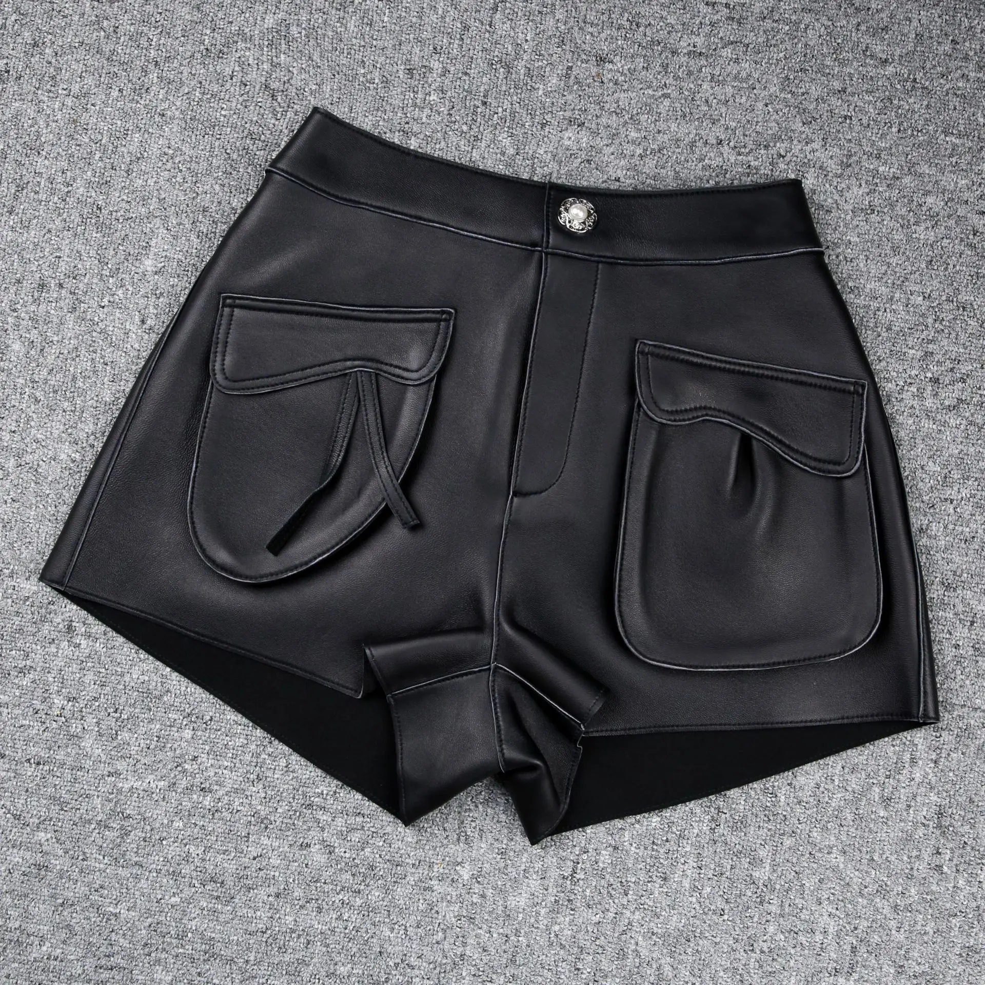 2022 Autumn New Designer Womens' High Quality Genuine Leather Pockets Elastic Waist Shorts B310