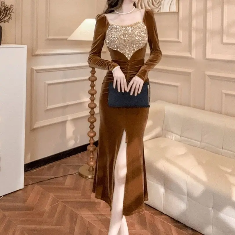 

French celebrity style love sequin design square neck long sleeve dress women's 2025 autumn new split skirt