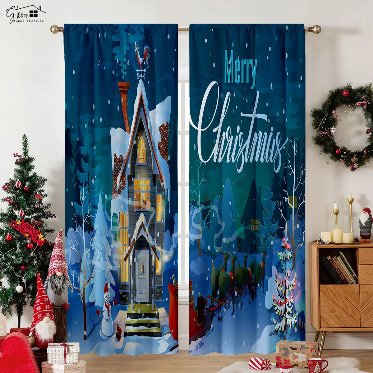 

2 Pack Christmas Decorative Curtains Cartoon Santa Claus Printing Bedroom Dining Room Holiday Party Decorative Curtains