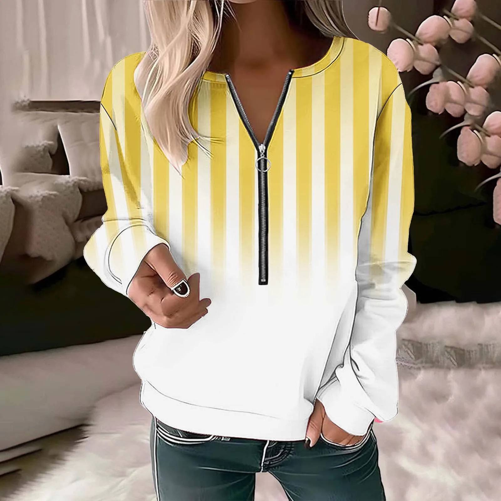 2024 Stripe Print Zipper Hoodie For Women Autumn Leisure Long Sleeves Pullover Sweatshirt Women Fashion Street Hoodies Woman\'s